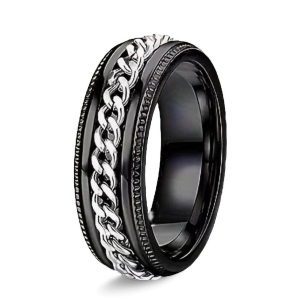 NEW - Stainless Steel Rotating Chain Link Unisex Spinner Ring - SZ 7- BLACK/SLVR